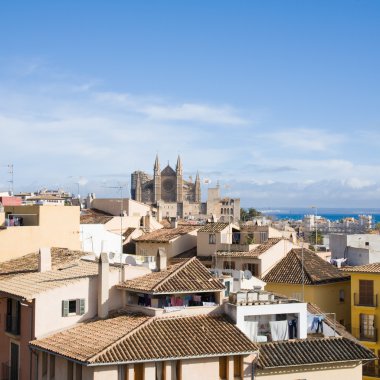 bir Palma de mallorca; eski şehir duvarları beklerle çatılardan yere cathedral la seu görüntüleyin.,