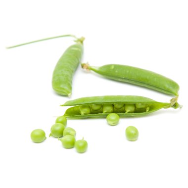 Fresh green peapods on white surface; isolated clipart