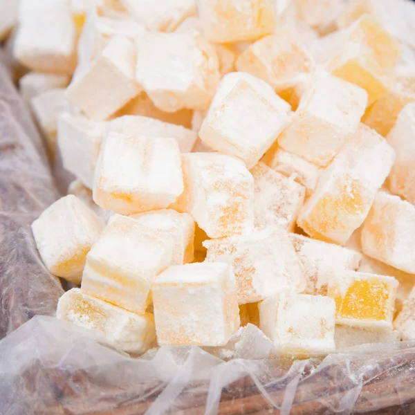 stock image Big box of lemon turkish delight at a marketplace