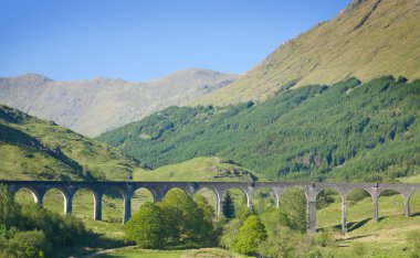 Glenfinnan viaduct, arch viaduct near Glenfinnan, Scotland, road, rail, high, up, beautiful, mountains, blue, sky clipart