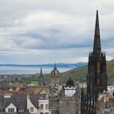 View from Edinburgh castle towards Royal Mile, Firth of Forth in the distance, gothic, medieval, spire, church, cathedral, city, Scottish, Scotland, capital, clipart