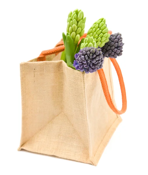 재사용 캔버스 쇼핑 바에 파란색과 흰 히 아 신 스 꽃 봉 오리 클러스터의 무리 — 스톡 사진