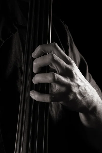 Male hand on the fingerboard of electric double bass; toned monochrome imag — Stock Photo, Image