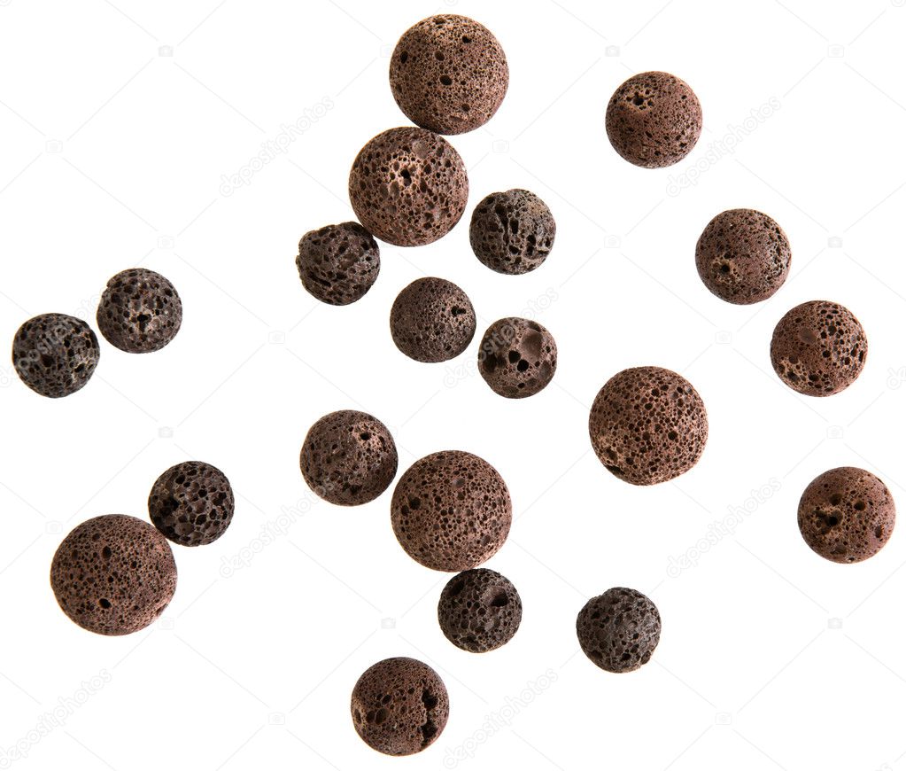 Selection of round lava (volcanic rock) beads isolated on white background;