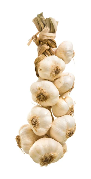Treccia di bulbi di aglio primo piano isolato su sfondo bianco ; — Foto Stock