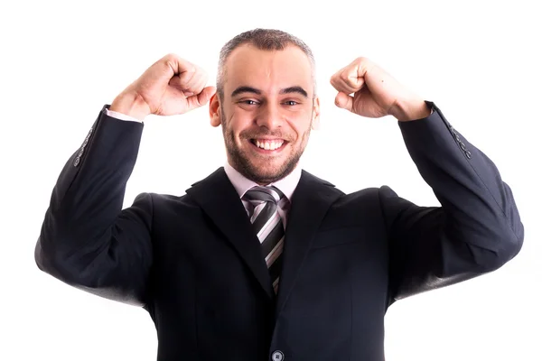 Joven hombre de negocios caucásico tiene éxito sonrisa llena con las manos arriba — Foto de Stock