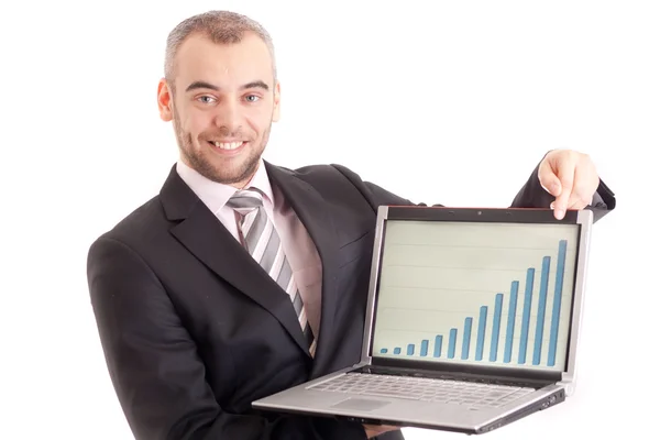 Człowiek Biznesu Wskazując Laptopa Wykresu Białym Tle Obraz Stockowy