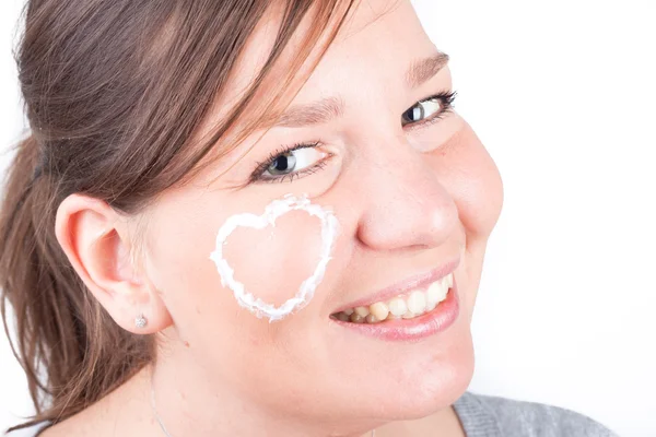 Photo Woman Cream Valentine Heart Face — Stock Photo, Image