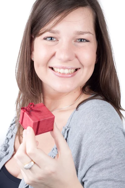 Portrait Young Girl White Background Holding Valentine Gift — Stock Photo, Image