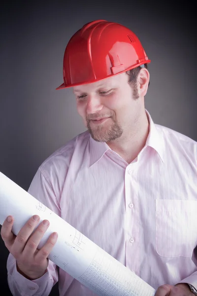 Young Attractive Engineer Blueprints — Stock Photo, Image