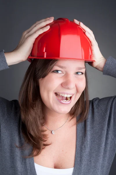 Portrait Young Architect Wearing Red Hardhat Looking Camera — Stock Photo, Image