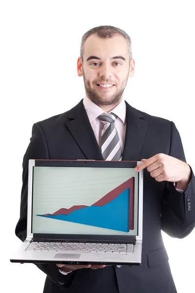 Business Man Pointing Laptop Graph Isolated White — Stock Photo, Image
