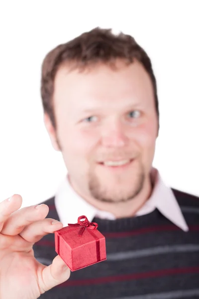 Young Man Holding Valentine Gift His Hand Giving Somebody Isolated — Stock Photo, Image