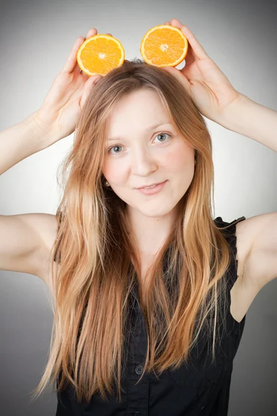 Beautiful Woman Holding Two Halfs Orange Her Head Mickey Mouse — Stock Photo, Image