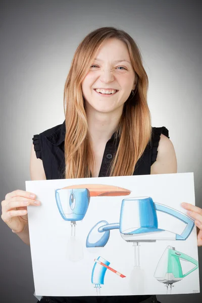 Young Design Engineer Woman Shows a Screwdriver Design Plan — Stock Photo, Image