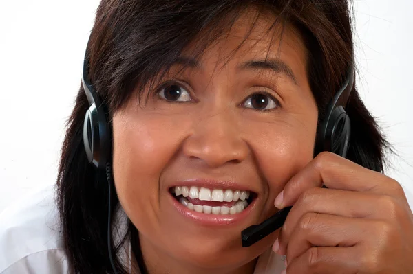 Retrato Una Joven Asiática Sonriente Feliz Con Auricular — Foto de Stock
