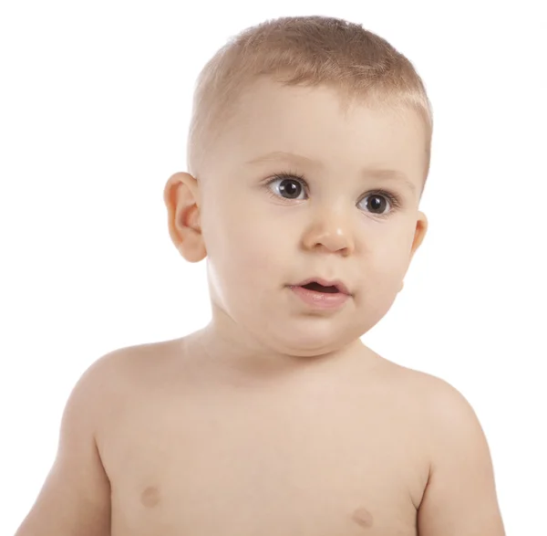 Brillante retrato de primer plano de adorable bebé sobre blanco — Foto de Stock