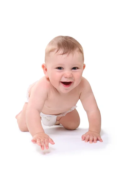 Bright picture of crawling baby boy in diaper — Stock Photo, Image