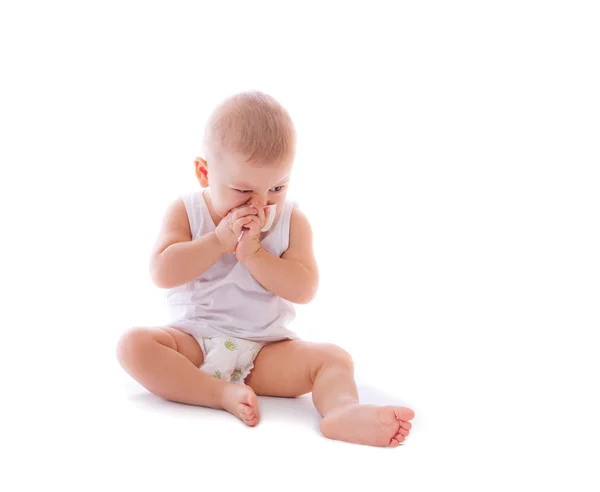 Beyaz arka plan üzerinde izole komik mutlu bebek — Stok fotoğraf