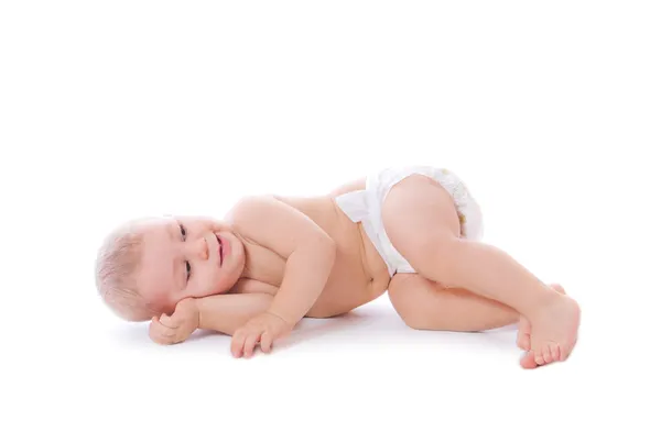 Divertido bebé feliz aislado sobre fondo blanco — Foto de Stock