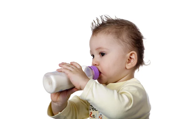 Baby Drinking Milk Baby Bottle Herself — Stock Photo, Image