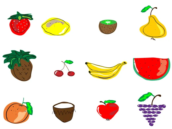 Vektorové ilustrace různých plodů, zdravé jídlo kreslený obrázek, han — Stockový vektor