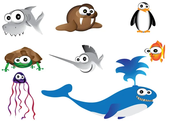 海の動物のベクトル図、オーシャン ライフ漫画手描きイラスト — ストックベクタ