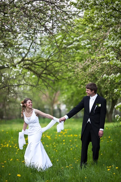 Pareja de boda joven - novio y novia recién casados posando al aire libre — Foto de Stock
