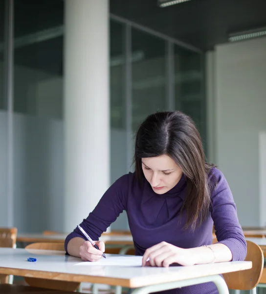 Portret van een mooie college student werkt in een klaslokaal — Stockfoto