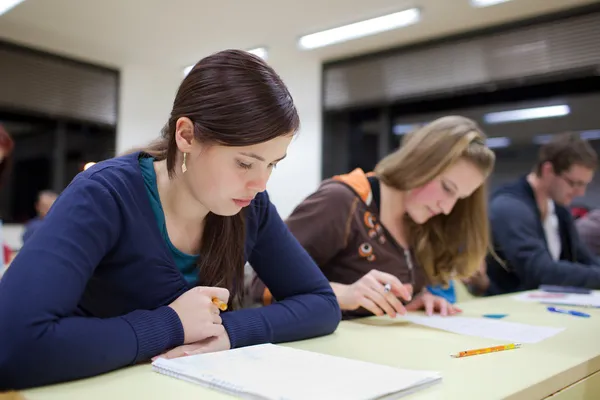 Pretty Female College Student Sitting Exam Classroom Full Students Shallow — Stock Photo, Image