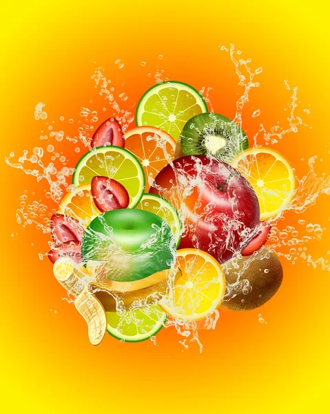 Äpfel Orangen Zitronen Limetten Bananen Erdbeeren Kiwi Wasser — Stockfoto
