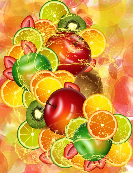 Fruchtmischung Apfel Erdbeere Kiwi Zitrone Orange Limette — Stockfoto