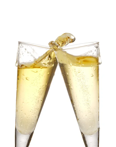Two champagne glasses isolated on white with splashes — Stock Photo, Image