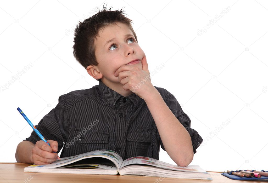 Cute young boy learning with white background