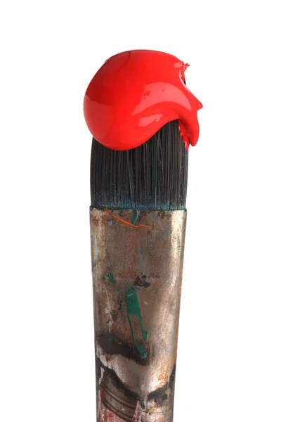 Beyaz Izole Kırmızı Boyayla Boya Fırçası — Stok fotoğraf