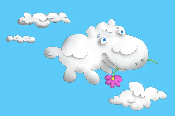 Funny cloud lamb with flower fly in blue sky