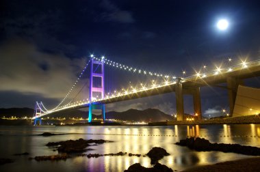 Tsing Ma Bridge in Hong Kong at night, with moon clipart