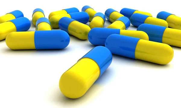 Blauwe Gele Pillen Geïsoleerd Een Witte Achtergrond Render — Stockfoto
