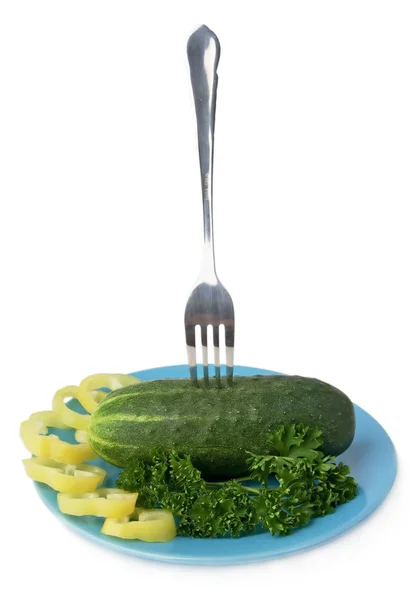 stock image Fork and cucumber on a plate