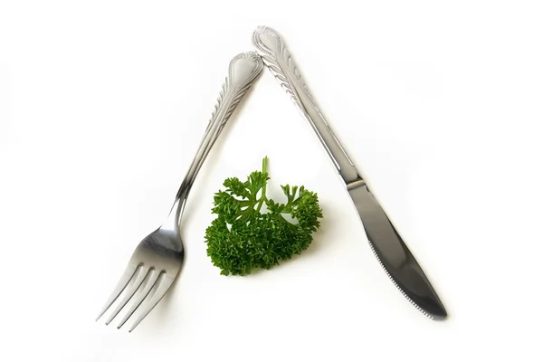 Fourchette, couteau et persil — Photo