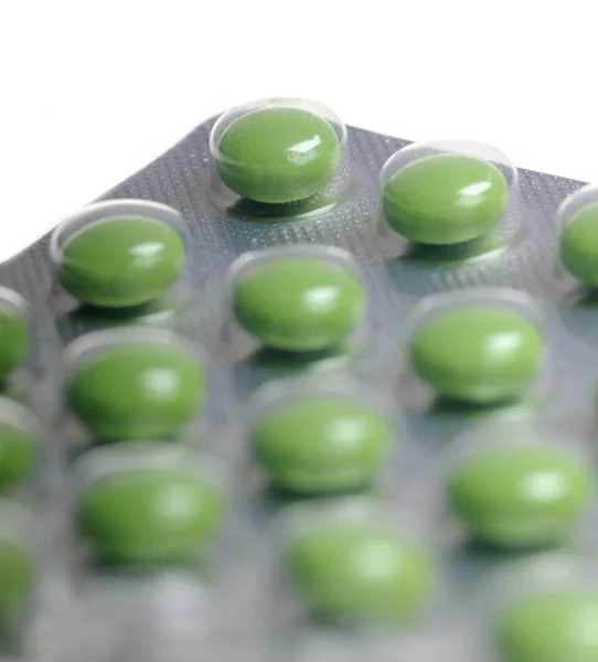 Κουτί Πράσινα Χάπια Που Απομονώνονται Λευκό Φόντο — Φωτογραφία Αρχείου