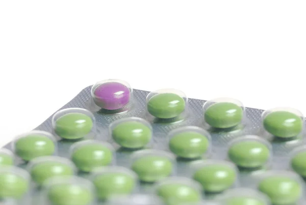 Caixa Pílulas Verdes Uma Cores Diferentes — Fotografia de Stock