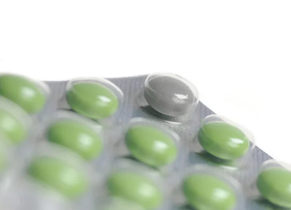 Caixa Pílulas Verdes Uma Cores Diferentes — Fotografia de Stock