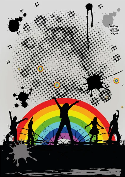 跳舞青年反对彩虹的剪影 — 图库矢量图片#