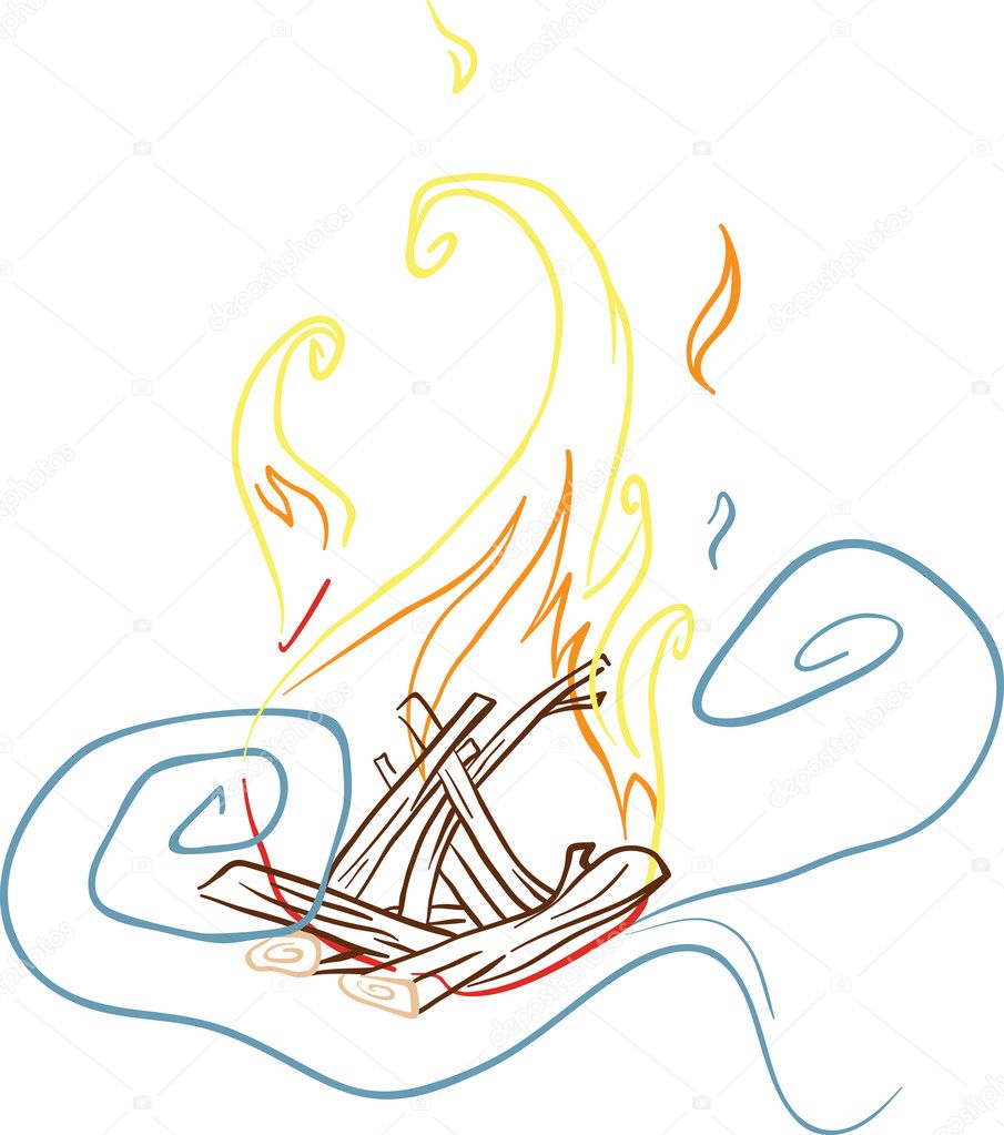 Illustration of a fire with a smoke and fire wood