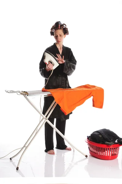 Housewife with ironing — 스톡 사진