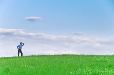 Businessman in suit standing on a meadow and looks into the distance in front of clouds clipart