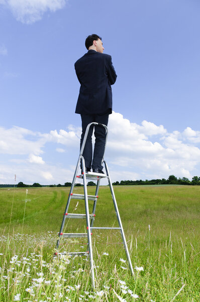 Businessman, manager in a dark suit stands in the middle of a meadow on the career ladder and looks into the landscape with clouds of heaven.