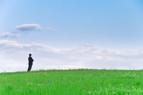 Geschäftsmann Anzug Steht Auf Einer Wiese Und Blickt Vor Wolken — Stockfoto