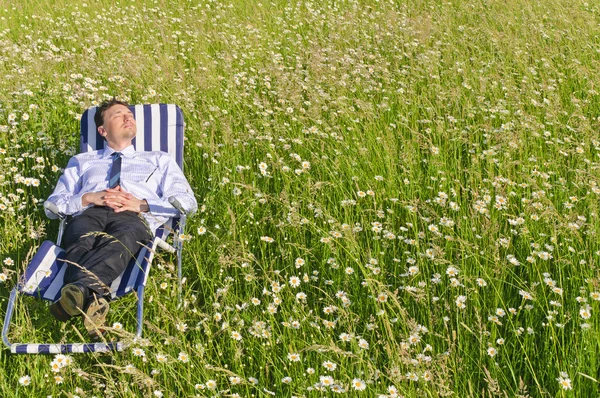 Geschäftsmann Anzug Steht Auf Einer Blumenwiese Und Entspannt — Stockfoto